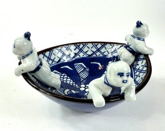 Vintage Japanese Blue and White Porcelain Bowl – Sumida Gawa Style with Sculptural Rim Figures