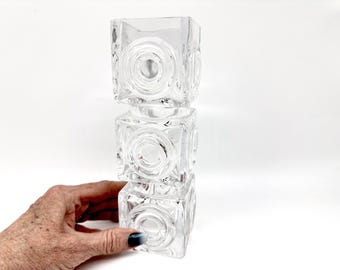 Signed Bengt Edenfalk Skruf Glass Vase, Swedish Mid Century Cube Design