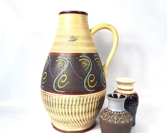 Mid-Century German Pottery Vase – 1960s Sgraffito Ceramic Jug, 42 cm