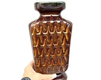 West German Art Pottery Vase – Scheurich 1250/28, 1970s Brown Chevron Glaze