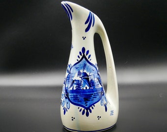 Vintage Delft Blue Ceramic Jug: Dutch Windmill Pottery