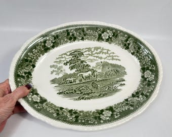 Adams “English Scenic” Meat Plate – Green Transferware Ironstone, c.1970s