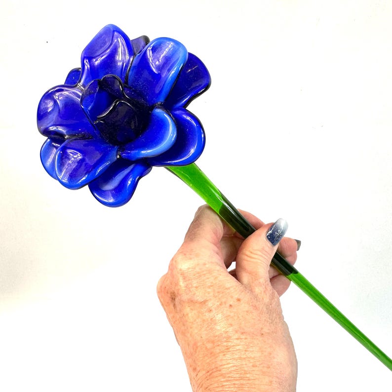 Blue art glass flower sculpture – murano style hand-blown glass stem, 50cm image 1