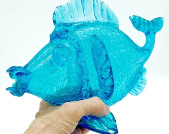 Large Mid-Century Blue Crackle Glass Fish Sculpture – Hand-Blown Art Glass, 1960s Nautical Decor