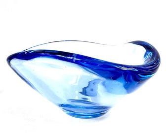 Blue Art Glass Bowl, Scandinavian Modern, Signed & Numbered, Mid-Century