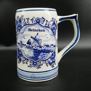 Vintage Heineken Delft Blue Beer Stein: Hand-Painted Windmill Mug