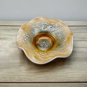 Vintage Dugan Peach Opalescent Carnival Glass Marigold Bowl: Holly and Berry Art Deco Glassware