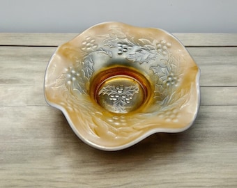Vintage Dugan Peach Opalescent Carnival Glass Marigold Bowl: Holly and Berry Art Deco Glassware