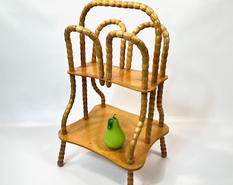 Vintage Wooden Magazine Rack: Rotating Bead Plant Stand, Mid-Century Two-Tier Table
