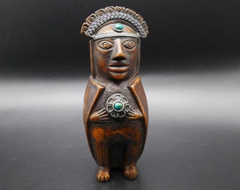 Mid Century Inka/Mayan Folk Art Ceramic Figurine - Tiki Character with Silver Head Dress