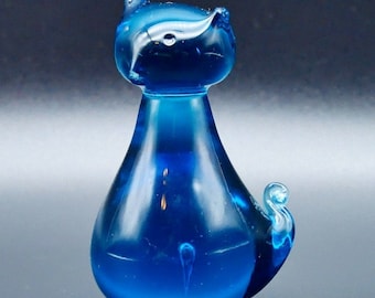 Vintage Art Glass Blue Cat Figurine - Hand Blown Glass Cat Sculpture