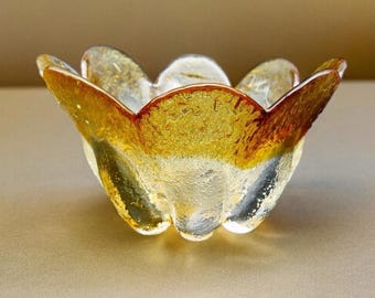 Mid Century Amber Crystal Bowl: Finnish Ice Glass Art