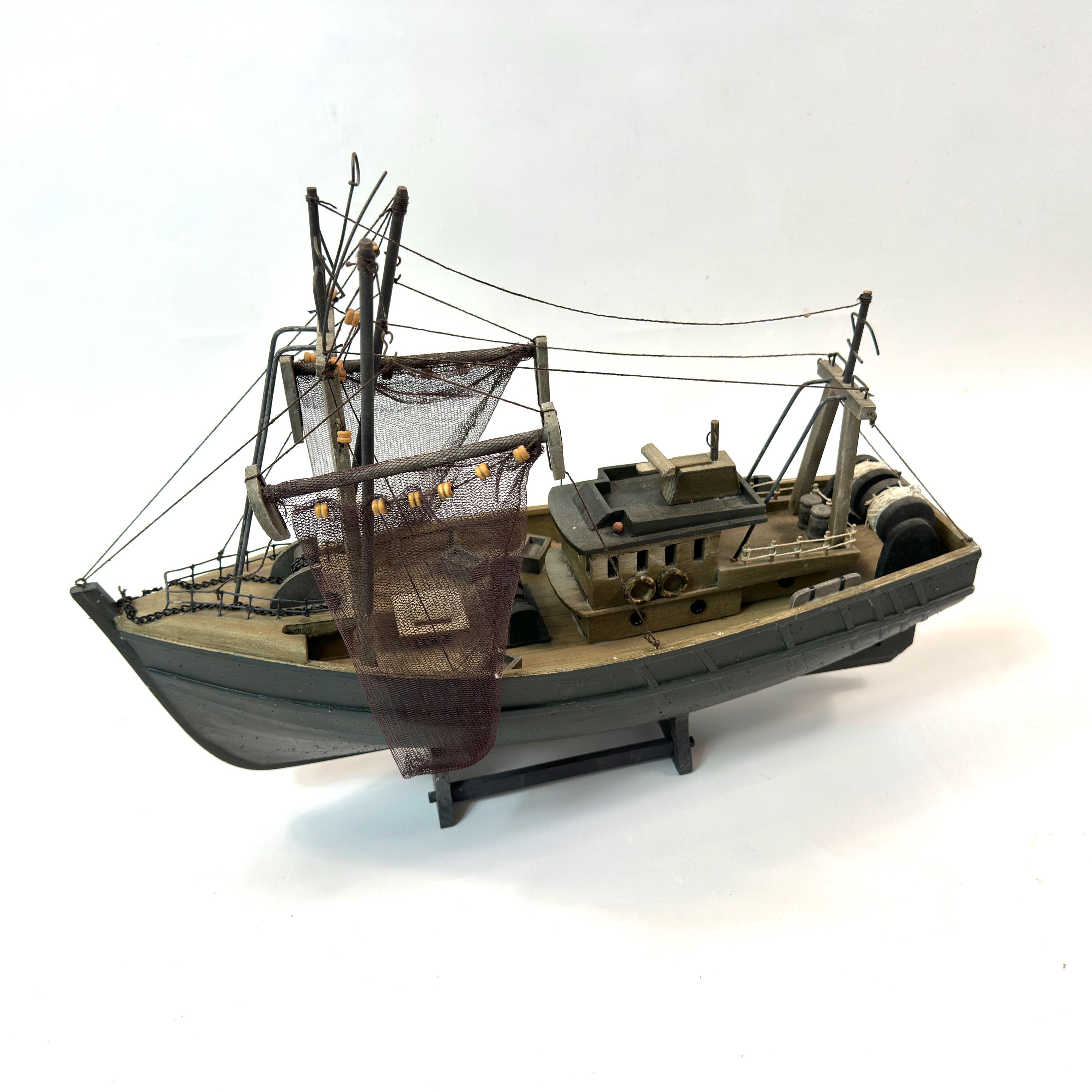 Vintage Wooden Model Fishing Boat – Handcrafted Sailboat With Fishing ...