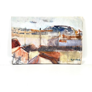 May include: An original oil painting on canvas depicting a cityscape with rooftops, buildings, and a mountain in the background. The artwork features a palette of muted colors, including red, brown, and blue, with the artist's signature "KELLFAIK" in the lower right corner.