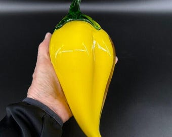 Large glass fruit yellow pepper, hand blown Scandinavian art sculpture. Made in Sweden