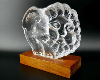 Lisa Larson Glass Lion, 1970s Sculpture with Teak Wood Base