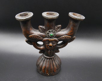 Vintage Inka/Mayan Folk Art Ceramic Candlestick - Tiki Figurine Candelabra