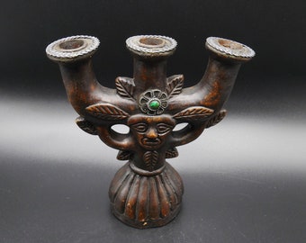 Vintage Inka/Maya Folk Art Candelabro de Cerámica - Candelabro de Figura Tiki