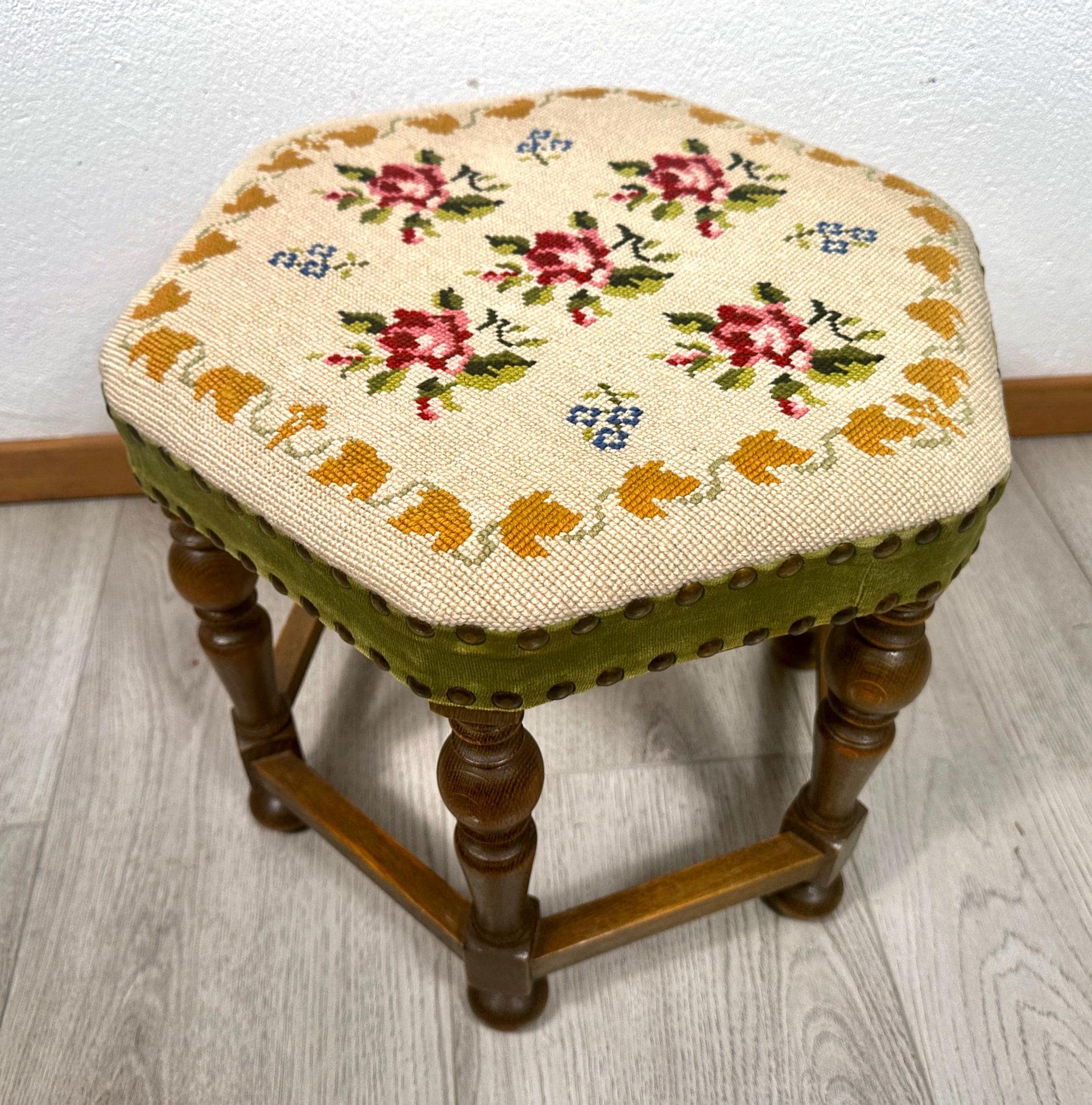Vintage Needlepoint Upholstered Wooden Stool – Floral Embroidered Seat