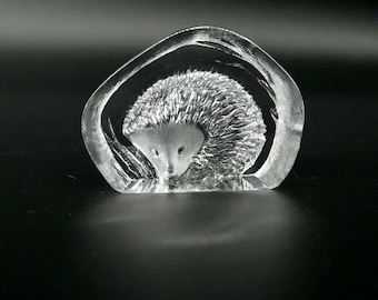 Vintage Glass Hedgehog Paperweight – Mats Jonasson Studio Collection, Signed and Boxed