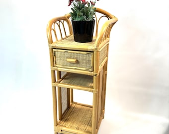 Vintage Bamboo Rattan Side Table – Tall Boho Nightstand with Drawer, 1970s Scandinavian Design