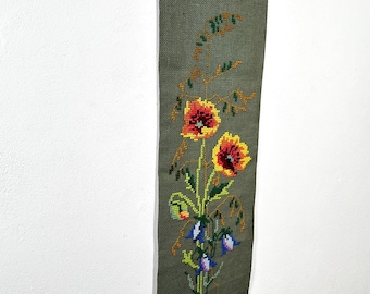 Vintage Scandinavian floral tapestry: mid-century embroidered wall hanging