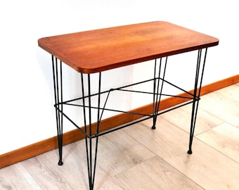 Mid century scandinavian teak wood side table – 1970s hairpin leg table