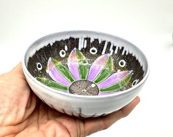 Vintage Laholm Keramik Studio Pottery Bowl – Swedish Handpainted Flower Design, 1970s Art Pottery