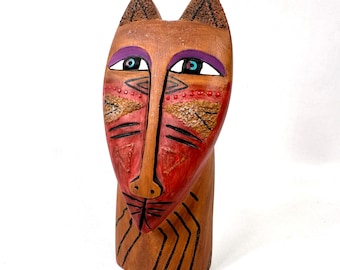 Hand-painted cat head art sculpture – signed Laurel Burch 1999