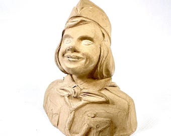 Vintage Plaster Bust – Girl Guide Figure, Signed N B S, 1949