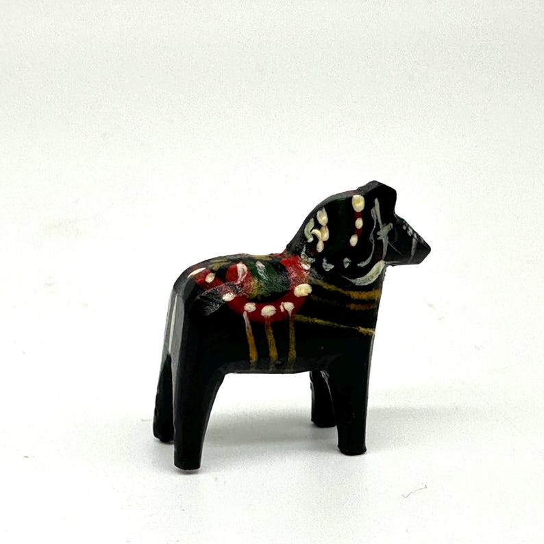 Miniature Black Dala Horse, Swedish Folk Art Hand Painted Wood Sculpture image 1
