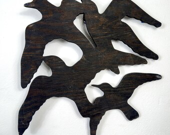 Vintage Scandinavian Wooden Bird Wall Sculpture – Flock Silhouette Art