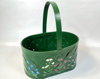 Vintage Hand-Painted Wooden Basket: Floral Folk Art, Green Woven Decor