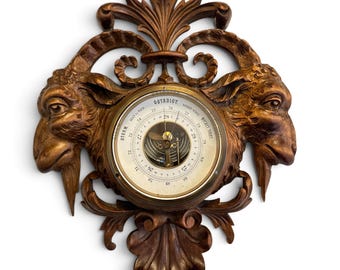 Schwedisches Barometer, geschnitzte Widderköpfe aus Holz, antike Wetterstation im Volkskunststil