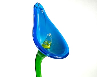 Vintage Murano-Style Glass Calla Lily Stem — Aqua Blossom with Lemon Spadix