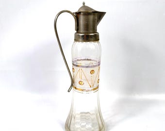 Vintage Glass Pitcher with Metal Lid Hand Painted Floral Enamel Jug