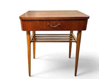 Teak Bedside Table with Drawer, Mid Century Scandinavian Nightstand, Slatted Shelf
