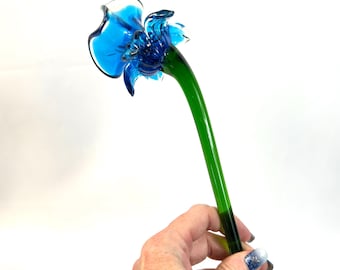 Blue art glass flower sculpture – murano style hand-blown decorative glass stem