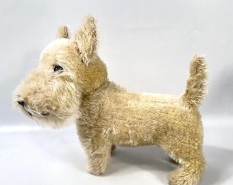 Antique Mohair Terrier Dog with Rotating Head – 1930s German Plush Toy, Glass Eyes