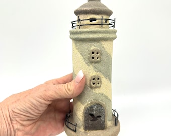 Handmade Ceramic Lighthouse Tealight Holder – Coastal Candle Lantern – Nautical Home Decor