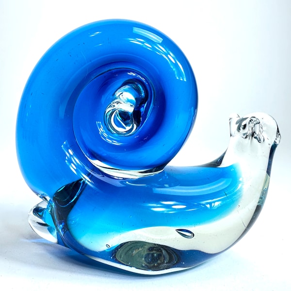 FM Ronneby Vintage Art Glass Snail Figurine - Hand Blown Blue Glass - Collectible Glass from Sweden