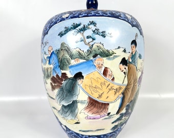 Large Hand-Painted Chinese Ginger Jar with Lid – Scholar Scene, Blue & Multi, Vintage 1970s–1990s