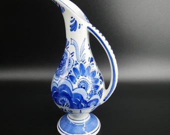 Vintage Dutch Delft Blue Ceramic Jug: Hand-Painted Floral Pottery