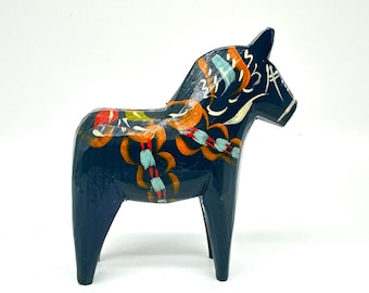 Vintage Nils Olsson Blue Dala Horse – Swedish Folk Art Wooden Figurine, Hand-Painted, 10 cm