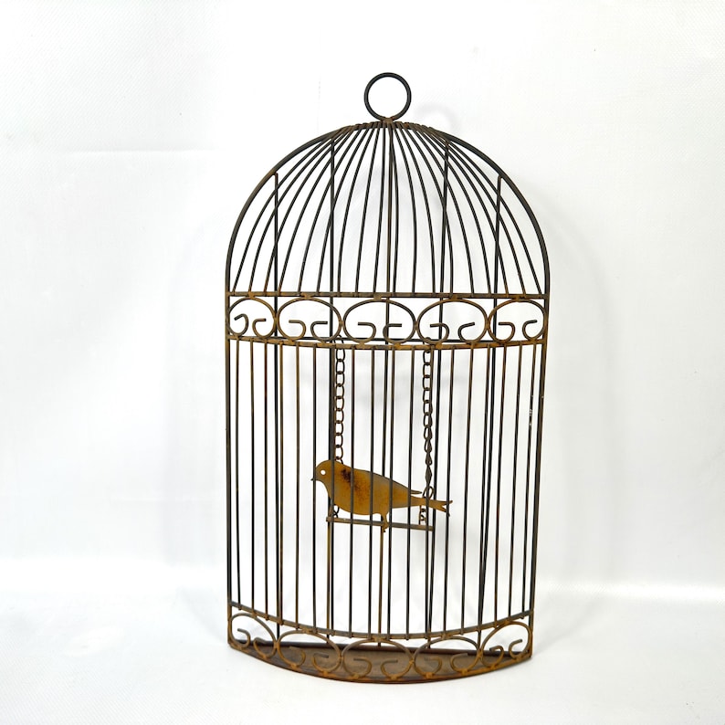 Metal birdcage wall decor – rustic half cage with bird, 41cm image 2