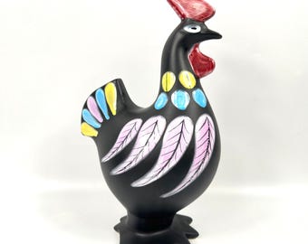 Vintage Syco Ceramic Rooster Money Bank – Hand-Painted Black Pottery Figurine, Sweden, 1960s
