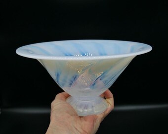 Vintage Opalescent Art Glass Pedestal Bowl: Swirled Blue & White Centerpiece