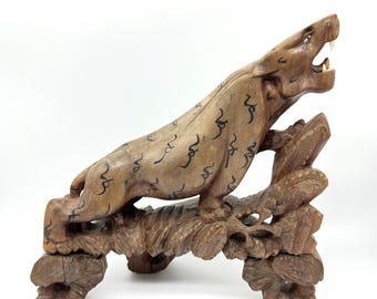 Vintage Hand-Carved Wooden Tiger Sculpture – Large Tribal Figurine, 30cm