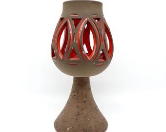 Vintage Swedish Pottery Candle Holder – Torsebo Design, Red Glaze Cut-Out Lantern, 1960s