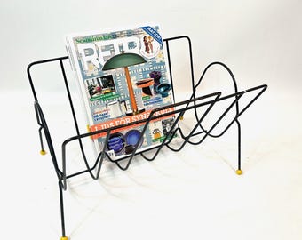 Atomic Magazine Rack – 1960s Wire Vinyl Record Holder, Yellow Ball Feet